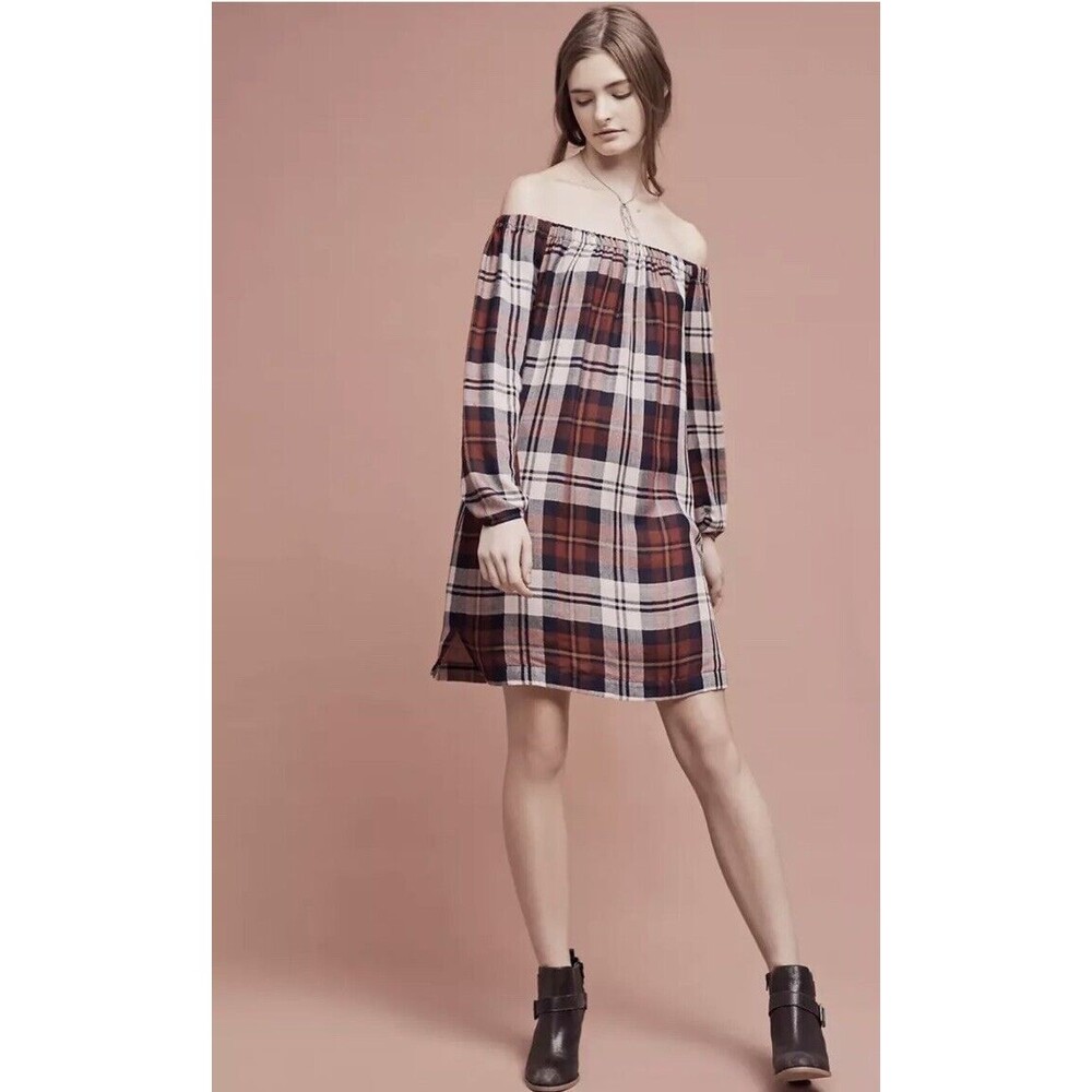 NWT Cloth and Stone Anthropologie Plaid Off the Shoulder Shift Dress Size M